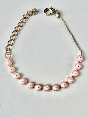 Pink Enamel Evil Eye Bracelet in Gold-Tone Metal w/ Cubic Zirconia Accent